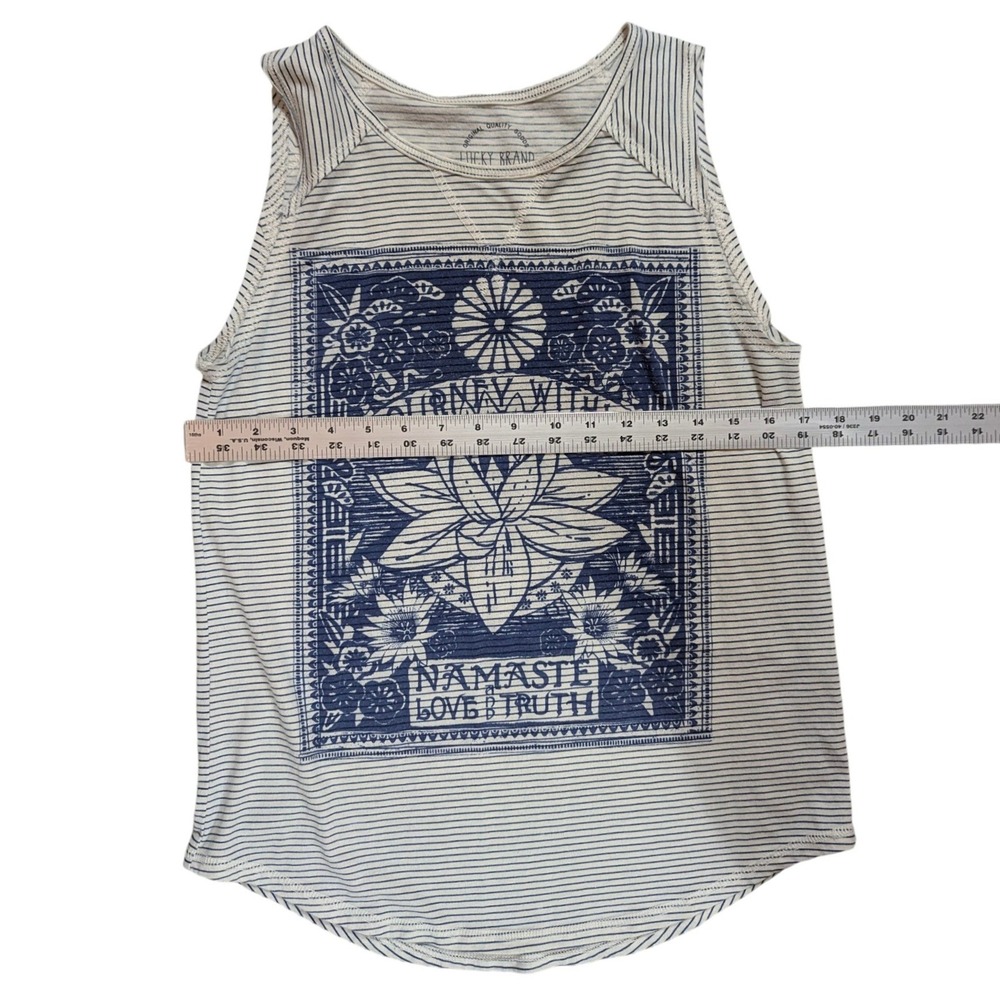 Lucky Brand Tank Top Womens S White Blue Striped Namaste Lotus Graphic Boho Chic - Picture 8 of 9